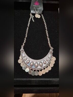 paparazzi Silver Boho Coin Crescent Necklace with Earrings